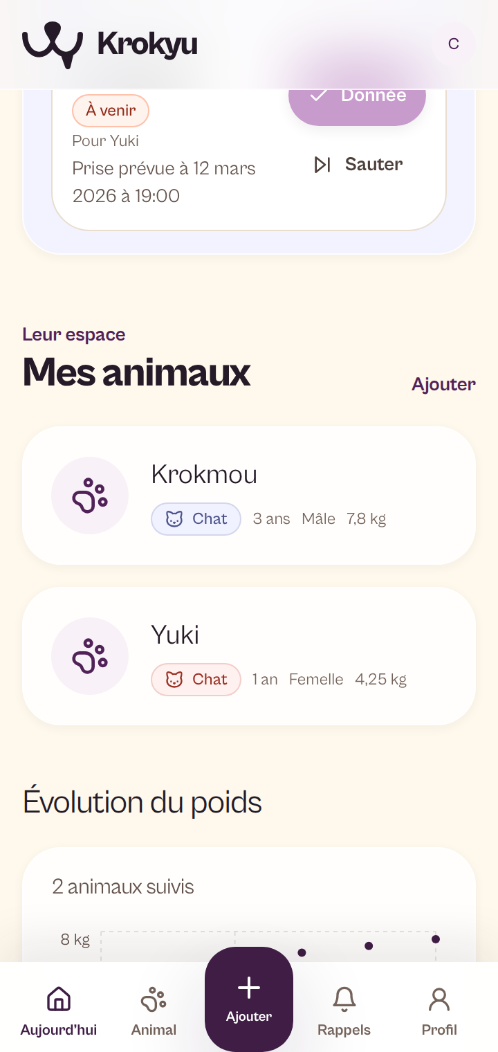 Tableau de bord mobile de Krokyu affichant les animaux de Camille