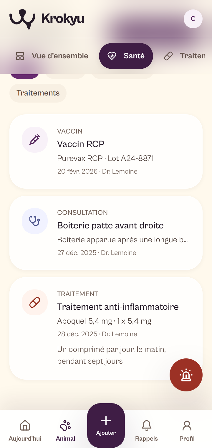 Carnet de santé mobile de Krokmou et ses événements